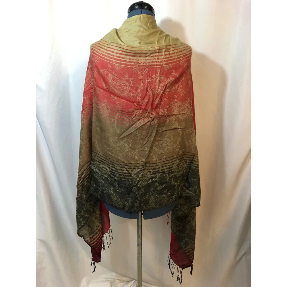 Chinar Red Beige Gold Paisley Striped Silk Blend Fringed Pashmina Scarf Wrap